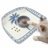 Palm Tree Feeding Mat, Coastal Tropical Blue Palm Tree Blue Border Waterproof Foldable Pet Cat Dog Food Mat Placemats for Cats Dogs Water Bowl 17.7x11.8in