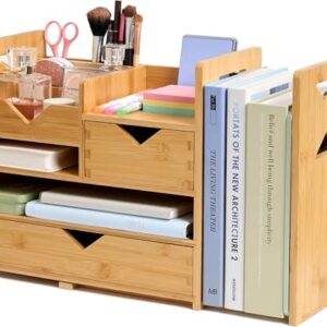 Pandorama Bamboo Desk Organizer Medium - Drawers & Adjustable File Holder, Fully Assembled Wood Desktop Storage for Kitchen, Bedroom, Bathroom, Study Room