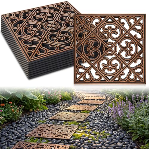 Pangda 16 Pcs Rubber Stepping Stones Outdoor Garden Walkway, 12 x 12 Inch Heavy Duty Pathway Pavers Retro Decorative Stepping Stones for Outside Landscaping Yard Lawn Path (Cross Square,Copper)