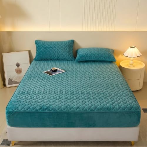 Pangzi Flannel Fitted Sheet,Plush Thicken Mattress Cover Warm Velvety Soft Heavyweight Non-Slip Protective Cover Around Winter Warm Fuzzy Bottom Sheet (Full,Green)