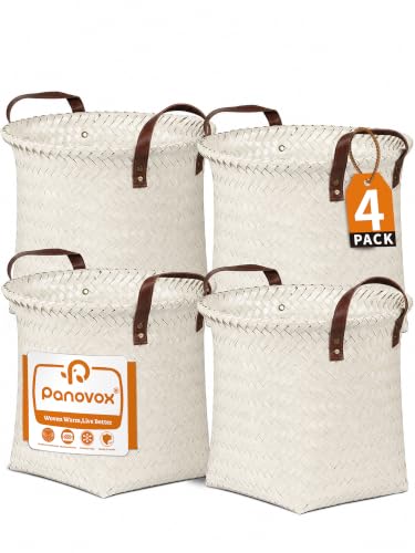 Panovox Hand Woven Baskets for Storage, 4Pcs Water-Resistant Wicker Baskets, White Wicker Storage Baskets for Shelves, Large Basket with Handle for Organizing, Closet, Laundry, Blanket - Round