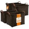 Panovox Hand Woven Baskets for Storage, 4Pcs Water-Resistant Wicker Baskets, Dark Gold Wicker Storage Baskets for Shelves, Large Basket with Handle for Organizing, Laundry, Blanket-Rectangular