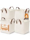Panovox Hand Woven Baskets for Storage, 4Pcs Water-Resistant Wicker Baskets, White Wicker Storage Baskets for Shelves, Large Basket with Handle for Organizing, Clothes, Laundry, Blanket - Square