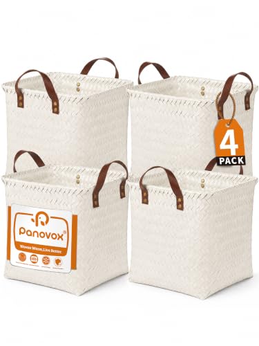 Panovox Hand Woven Baskets for Storage, 4Pcs Water-Resistant Wicker Baskets, White Wicker Storage Baskets for Shelves, Large Basket with Handle for Organizing, Clothes, Laundry, Blanket - Square