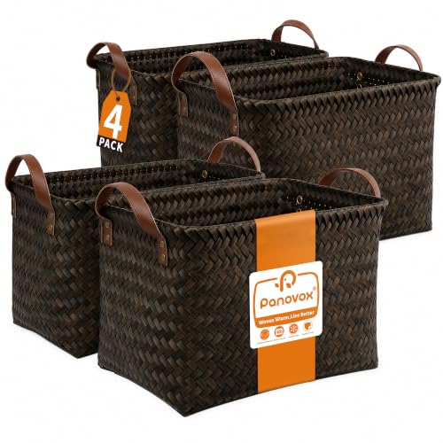 Panovox Hand Woven Baskets for Storage, 4Pcs Water-Resistant Wicker Baskets, Dark Gold Wicker Storage Baskets for Shelves, Large Basket with Handle for Organizing, Laundry, Blanket-Rectangular