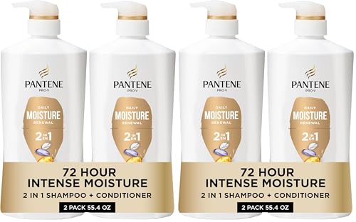 Pantene 2-in-1 Shampoo & Conditioner, Daily Moisture Renewal - Pro-V Nutrients for Dry, Straight to Curly Hair,72-Hour Hydration & Softness, 27.7 Oz Each, + Rescue Shot (0.5 Oz),2 Count (Pack of 2)