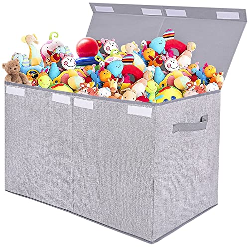 Pantryily Large Toy Box Chest Storage Organizer with Lid,Collapsible Kids Toys Boxes Basket Bins with Sturdy Handles for Boys and Girls, Nursery, Playroom, Closet 25"x13" x16" (Light Grey)