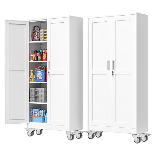PAOFIN 71''H Tall Metal Garage Storage Cabinet with Wheels,Steel File Cabinets with 2 Doors and 4 Adjustable Shelves for Home Office, Warehouse, Required Assembly,White