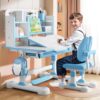 PAPABA Kids Study Desk and Chair Set, Height Adjustable Wood Desk with Bookshelf and Storage Drawer, 50-Degree Tilt Desktop, Ergonomic Design for Boys and Girls, Pink or Blue, Bedroom or Study Room