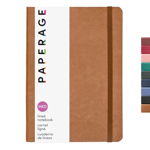 PAPERAGE Softcover Lined Journal Notebook (Cognac), 160 Pages, Medium College Ruled Notebook, 5.6 inches x 7.9 inches - 100 GSM Thick Premium Paper, Soft Vegan Leather Journal for Home, Work & School
