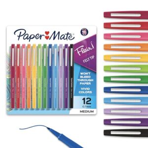 Paper Mate Flair Felt Tip Pens, Medium Point (0.7mm), 12 Count - For Arts & Crafts, Note-Taking, Journaling, School Supplies for Teachers & Students