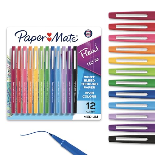 Paper Mate Flair Felt Tip Pens, Medium Point (0.7mm), 12 Count - For Arts & Crafts, Note-Taking, Journaling, School Supplies for Teachers & Students