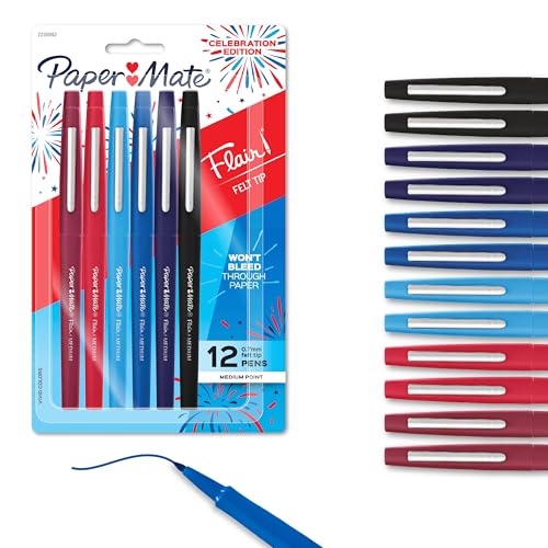 Paper Mate® Flair Felt Tip Pens, Medium Point (0.7mm), Assorted Colors, 12 Count, USA 250th Anniversary Edition