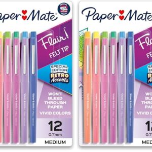 Paper Mate Flair Felt Tip Pens, Medium Point (0.7mm), Assorted, Special Edition Retro Accents, 12 Count (Pack of 2)