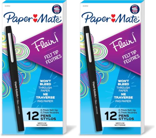 Paper Mate Flair Felt Tip Pens, Medium Point (0.7mm), Black,Teacher Supplies, Journaling, Note-Taking, Writing, 12 Count (Pack of 2)