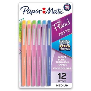 Paper Mate Flair Felt Tip Pens, Medium Point (0.7mm), Special Edition Retro Accents, 12 Count - Fun Office Supplies