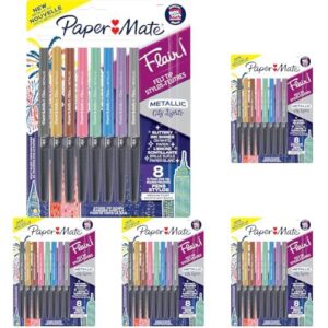 Paper Mate Flair Pens, Metallic Felt Tip Pens, City Lights, Glittery Ink Shines on White Paper, Assorted Colors, 8 Count (Pack of 5)