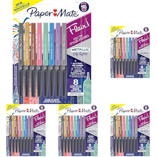 Paper Mate Flair Pens, Metallic Felt Tip Pens, City Lights, Glittery Ink Shines on White Paper, Assorted Colors, 8 Count (Pack of 5)