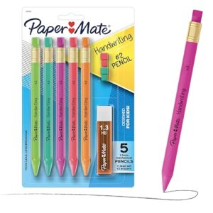 Paper Mate Handwriting Triangular Mechanical Pencils with Lead & Eraser Refills, 1.3mm, Fun Barrel Colors, 5 Count - School Supplies, Kids Writing
