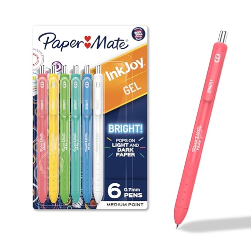 Paper Mate InkJoy Gel Bright! Gel Pens, Medium Point (0.7mm), Retractable, Assorted Opaque Ink, 6 Count - Comfortable Grip, Vivid Colors