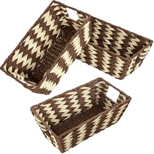 Paper Rope Storage Baskets for Shelves Organizing, Small Hand Woven Wicker Organizer Basket with Handle for Bathroom Toilet Paper Storage, Beige and Brown, 3-Pack