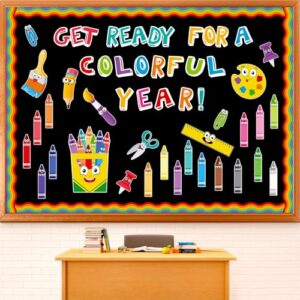 Pasimy 121 Pcs Crayon Theme Classroom Decorations Back to School Bulletin Board Border Set Colorful Crayons Name Tags Cutouts for First Day of School Teacher Supplies Classroom Chalkboard Wall Decor