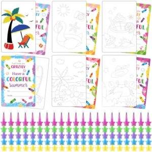 Pasimy 24 Set End of Year Students Gifts from Teacher Have a Colorful Summer Postcards and Crayons Last Day of School Party Favors Coloring Postcard for Kindergarten Preschool Gifts(Cute)