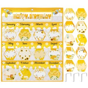 Pasimy 43 Pcs Honey Bee Birthday Pocket Chart for Classroom 22.4x18.9 in Calendar with 42 Honeycomb Cards Happy Birthday Pocket Chart Bulletin Board Decorations