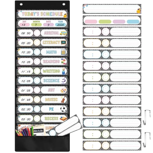 Pasimy Daily Schedule Pocket Chart with 31 Reusable Cards and 14 Pockets Composition Notebook Classroom Decor Composition Schedule Charts for School Office Home Educational Activity