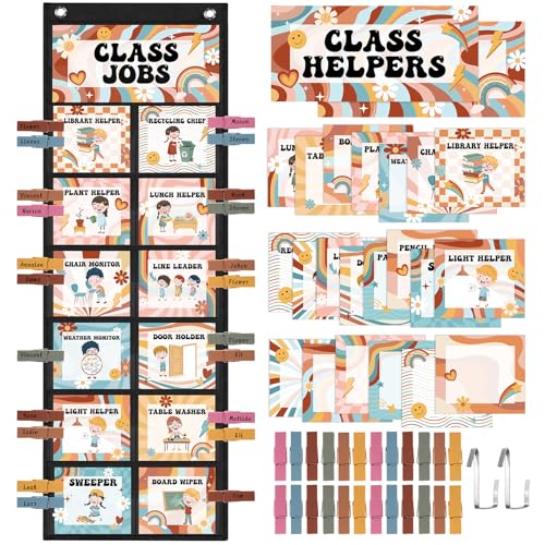 Pasimy Groovy Class Jobs Pocket Chart Class Helpers Pocket Chart Classroom Jobs Cards with Clips and Hooks Teacher Helper Bulletin Board Set for Back to School Classroom Teacher Supplies