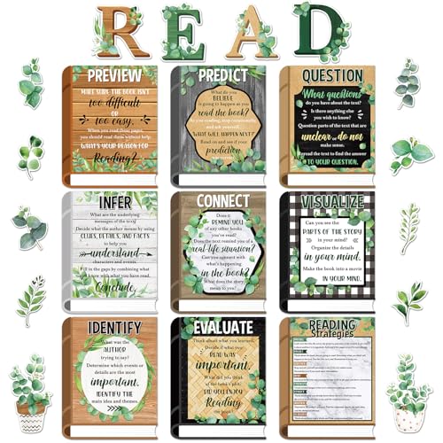 Pasimy Reading Posters Reading Strategies Posters Bulletin Board Decoration Educational Read Poster for Elementary Middle School Library Classroom Decorations (Eucalyptus)