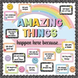 Pastel Rainbow Amazing Things Happen Here Bulletin Board Set Composition Notebook Classroom Decor Motivational Saying Cutouts for Back to School Teacher Supplies Classroom Chalkboard Wall Door Decor