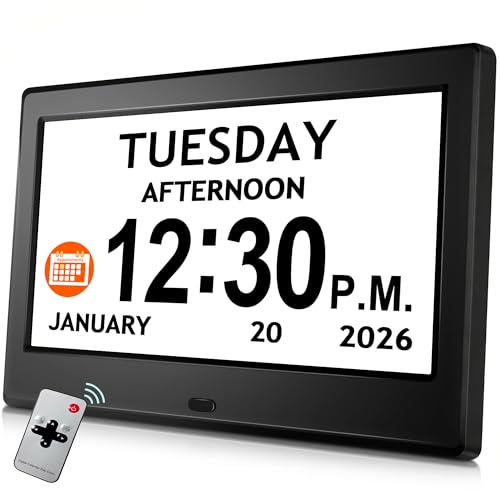 Pastigio 7‘’ Digital Clock, Dementia Clock with Date and Time, 10 Reminders, 6 Alarms, Auto-Dimming, Auto DST, Remote Control, Large Display Alarm Clock for Seniors, Elderly Must Haves Gifts