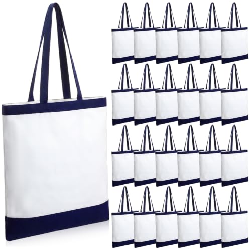 Paterr 24 Pcs Blank Canvas Tote Bags Bulk 15.7 x 14.9 Inches, Medium Lightweight Reusable Grocery Shopping Bag with Handles, for DIY Gift Sublimation Painting Activity, Beige (Blue)