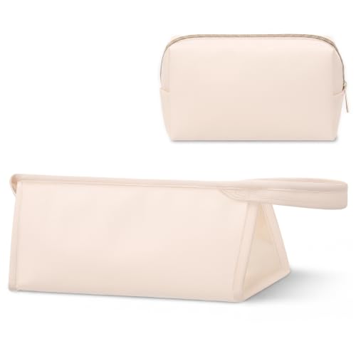 Paterr 2 Pcs PU Leather Hair Tools Travel Bag and Small Makeup Pouch Set Portable Organizer for Curling Iron, Flat Iron, Hair Dryer & Cosmetics Portable Organizer with Handle(Beige)