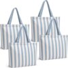 Paterr 4 Pcs Large Striped Canvas Tote Bag with Zipper Reusable Beach Tote Bags Grocery Shoulder Bag for Bachelorette Bridal Party Travel Shopping Picnic Daily Use Gifts (Blue White)