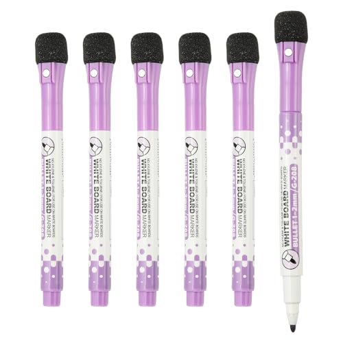 PATIKIL Magnetic Whiteboard Pen, Fine Tip Dry Erase Purple White Board Markers with Eraser Whiteboard Calendar Supplies for Classroom Office, 6 Pcs, 1-2mm Tip