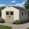 Patiowell 10x12 FT Outdoor Storage Shed with Floor and Lockable Door, All Weather Plastic Shed Garden Shed with Skylight and Multiple Windows for Backyard, Patio, Lawn, Beige