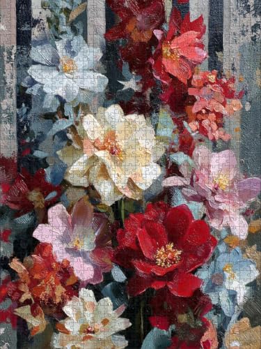Patriotic Floral Oil Painting American Flag Wooden Jigsaw Puzzle 500 Pieces for Adults Red White and Blue Flowers Blooms Family Game Night Home Decor Gift Mom Grandma Women 4th of July Present