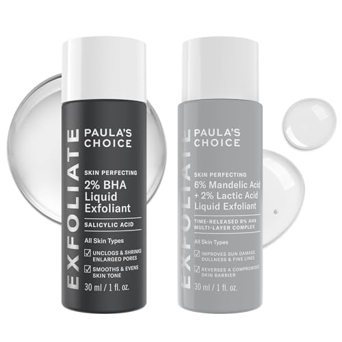 Paula’s Choice 2% BHA Salicylic Acid Liquid Exfoliant & 6% Mandelic Acid + 2% Lactic Acid AHA Exfoliant Travel Size Duo, Gentle Daily Exfoliation for Pores, Texture, & Uneven Skin Tone, Fragrance-Free