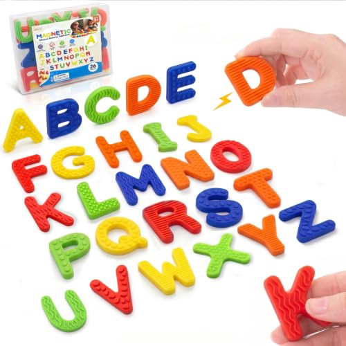 Pbooo Sensory Silicone Magnetic Alphabet Letters, 26 Uppercase ABC Fridge Magnets with 6 Sensory Textures & 5 Vibrant Colors, Preschool Learning & Spelling Toy for Toddlers Kids Ages 2+