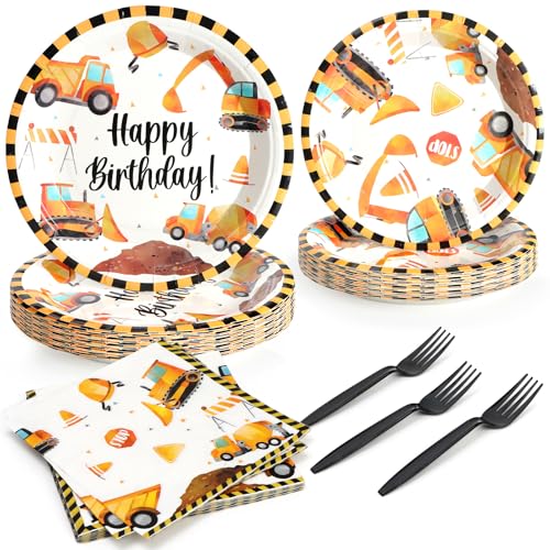 PCLMLES 96Pcs Construction Birthday Party Supplies Construction Truck Paper Plates and Napkins and Cups Baby Shower Kids Birthday Party Decorations, Serves 24