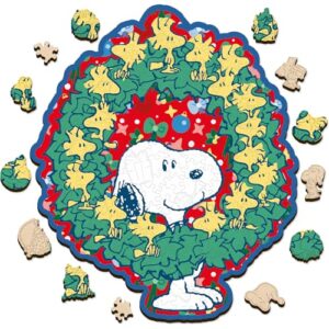 Peanuts Christmas Snoopy Puzzles for Adults – Wooden Puzzle, 200 Pieces Unique Shaped Woodstock Jigsaw Puzzles, 5MM Thick, Officially Licensed Merchandise – Merry Moments Together, 11.1" x 13.1"