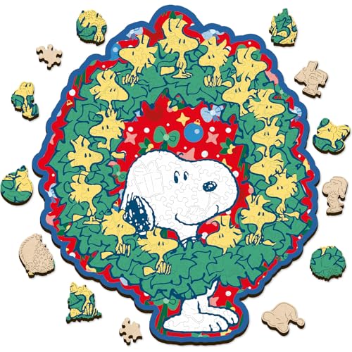 Peanuts Christmas Snoopy Puzzles for Adults – Wooden Puzzle, 200 Pieces Unique Shaped Woodstock Jigsaw Puzzles, 5MM Thick, Officially Licensed Merchandise – Merry Moments Together, 11.1" x 13.1"