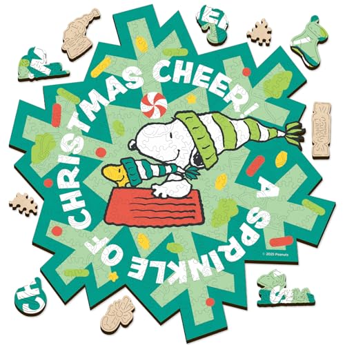 Peanuts Snoopy Puzzles for Adults – Christmas Cheer Wooden Jigsaw Puzzles, 200 Pieces Unique Shaped Woodstock Puzzle, for Kids, 5MM Thick, Officially Licensed Merchandise, 11" x 11"