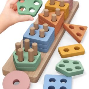 PEBIRA Montessori Toys for 1 2 Year Old, Wooden Sorting and Stacking Toys for Toddlers, Baby Shape Sorter and Color Stacker Blocks for Toddler, Preschool Learning Toy, Gift for 12-18 Month Boys Girls