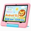 Peicheng10 inch Android 15 Tablet for Kids 8GB+32GB with 6000mAh Battery, 10-Point Touch, 2.4G+5G WiFi, Bluetooth 5.0, Dual Cameras, Shockproof Case for Toddlers Boys Girls (Pink)