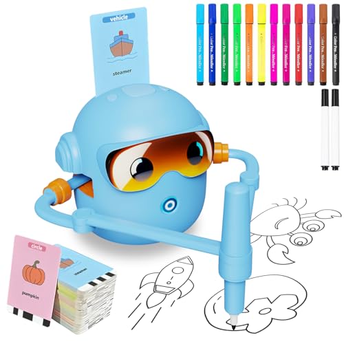 Peledic Drawing Robot Toy for Kids with 100 Word Cards & 12 Color Pens, Voice Interactive Educational Drawing Machine, Montessori Painting Toys for 3 4 5 6 7 8 Year Old Boys Girls Easter Gifts (Blue)