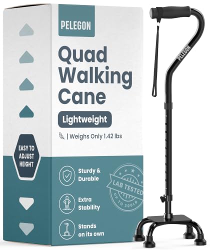PELEGON Quad Cane Lightweight (300 lb) - Adjustable Walking Cane with A Large 4 Pronged Base for Extra Balance & Stability, Walking Canes for Seniors, Walking Cane for Men & Women (Black)