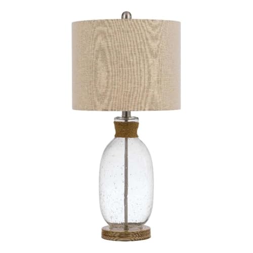 Pemberly Row 150W Table Lamp, Bubble Glass Body with Rope Accent, Beige Drum Linen Shade, E26 Bulb Base, Round Resin Base, 3-Way Intensity Control, Coastal-Inspired Home Decor Lighting for Living Room